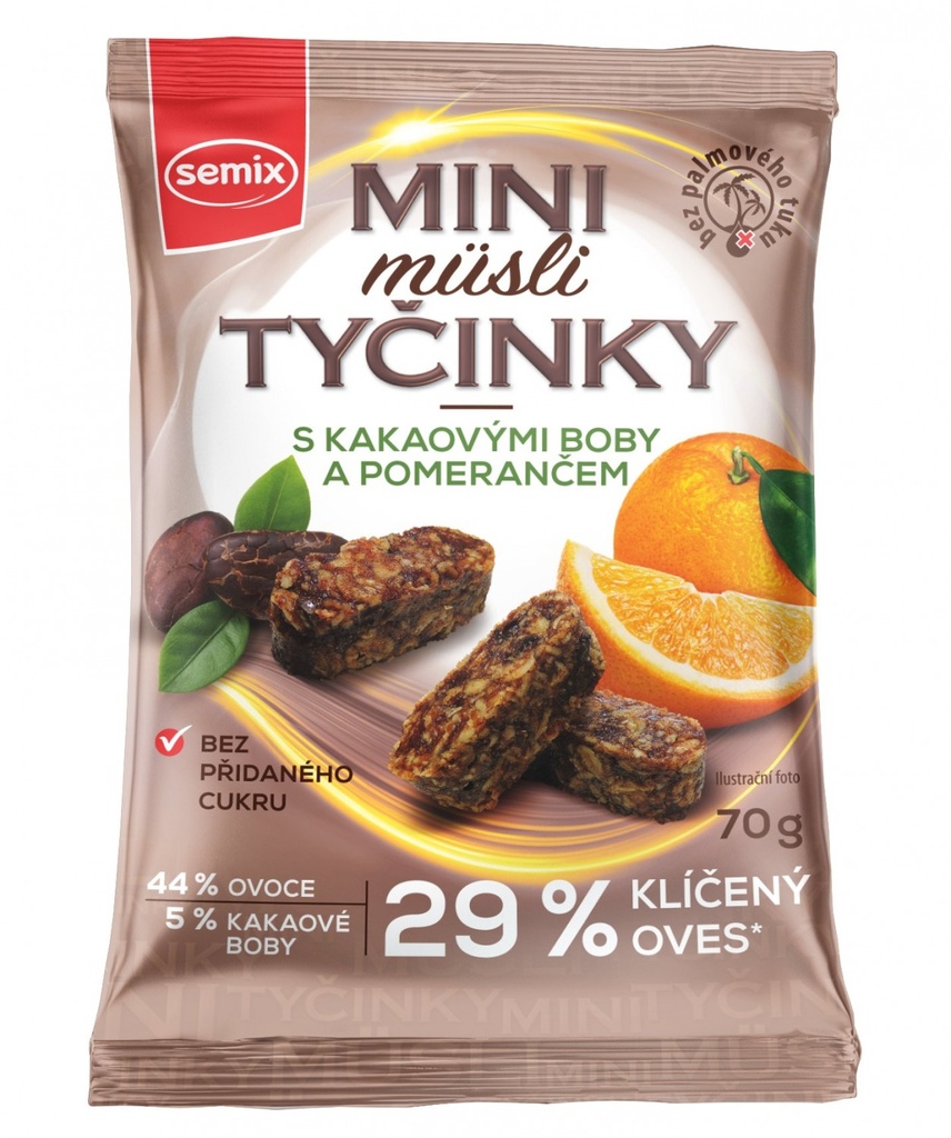 MINI MÜSLI TYČINKY S KAKAOVÝMI BÔBMI A POMARANČOM BEZ LEPKU 70 G, SEMIX 70 g SEMIX