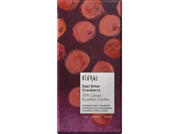 Bio horká čokoláda s brusnicami 100g, VIVANI 100 g VIVANI